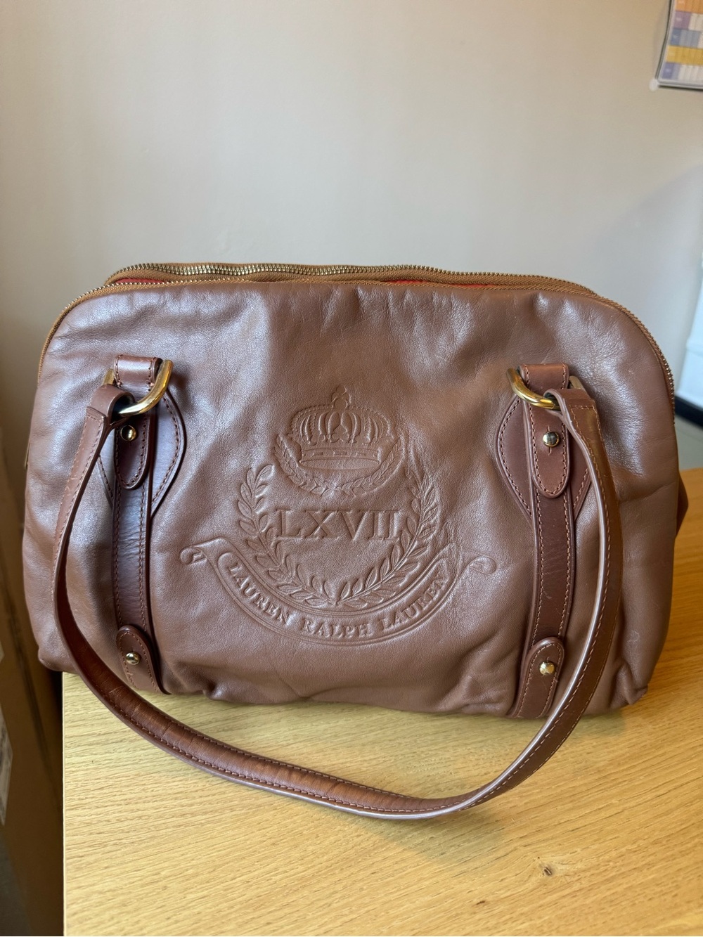 Lauren Ralph Lauren Brown Leather Crest Satchel Shoulder Bag Gold Hardware - Picture 2 of 12